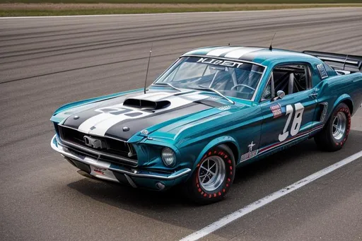 Prompt: Next Gen Nascar stock 1967 Ford Mustang car, sponsored by OpenArt