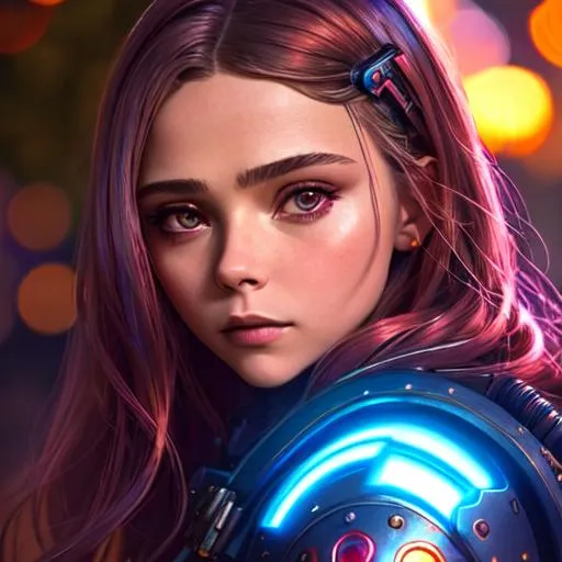 Prompt: CREEPY Android Woman ((Chloe Grace Moretz)) , Gal Gadot ,DEAD  Eyes, Glow in Hair, intricately flowing hair, Cute Cyborg RED/BLUE GLOWING  Body, Intricate  RED metal lace body armor, 50mm (((face close-up))), Cyberpunk garden in the background, cinematic Shot, intricate details, Cinematic lighting, Soft light,  ((( ornamental artwork by Tooth wu and Beeple))) , insane details, photorealistic 