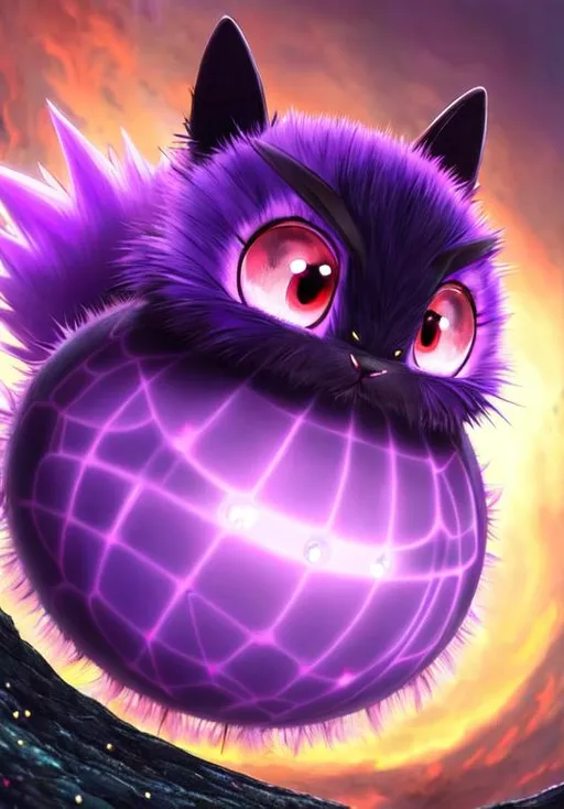 Prompt: UHD, , 8k,  oil painting, Anime,  Very detailed, zoomed out view of character, HD, High Quality, Anime, Pokemon, Venonat is an insect Pokémon with a spherical body covered in purple fur and two purple & pink hexagonal compound eyes. The fur releases a toxic liquid and it spreads when shaken violently off their bodies. A pink pincer-like mouth with two teeth, stubby forepaws, and a pair of two-toed feet are visible through its fur. Its limbs are light tan. There is also a pair of white antennae sprouting from the top of its head. However, the most prominent feature on its face are its large, red compound eyes. Venonat's highly developed eyes act as radar units and can shoot powerful beams.

Venonat can be found in dense temperate forests, where it will sleep in the hole of a tree until nightfall. It sleeps throughout the day because the small insects it feeds on appear only at night. Both Venonat and its prey are attracted to bright lights.

Pokémon by Frank Frazetta