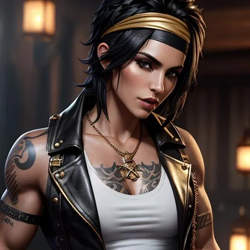 Prompt: Female pirate, male looking, small chest, very short black hair, many tattoos, headband, muscular body, leather west, white shirt, boots, golden tooth, digital painting,  digital illustration,  extreme detail,  digital art,  4k,  ultra hd
