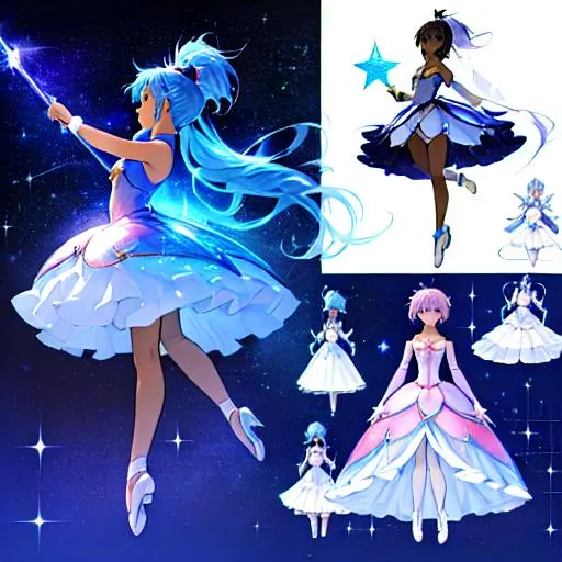 Prompt: A character sheet of an anime magical girl with  hair and dark skin, covered in stars. blue accents on outfit. holding a wand Concept Art. puffy skirt. madoka magica inspired. ballet inspired. reference sheet, different expressions,  different poses, concept sheet, beautiful face, ponytail