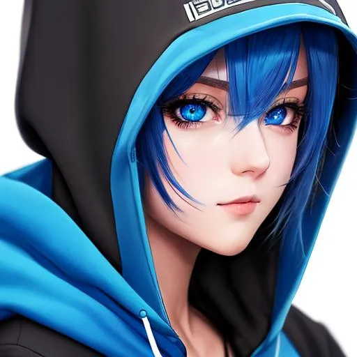 Prompt: Blue hair, hood on head, anthropormphic anime girl, wearing heaphones, blue eyes, looking at the camera, black hoodie, hyperrealism , beautiful photography, highly detailed, hd, 4k, 8k