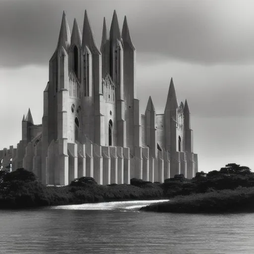 Prompt: a large cathedral on an island flouting in the sky, brutalist architecture