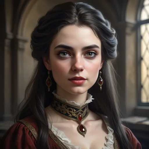 Prompt: human countess, young, shrewd, wealthy, realistic, medival fantasy, portrait, dark hair