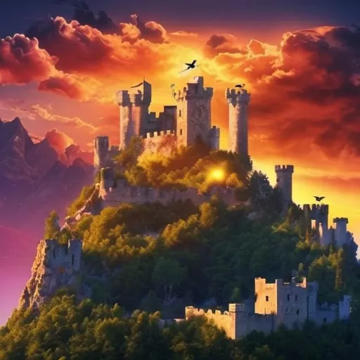 Prompt: Castle high above the mountains, birds soaring across the sky, beautiful, warm lighting, sunset, clouds