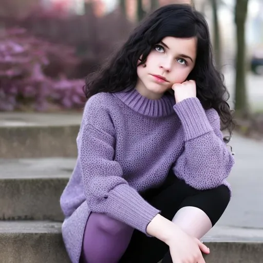 Prompt: A girl in a purple sweater gray tights black shoes and socks with long 
black hair and blue eyes 
