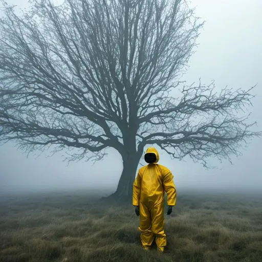 Prompt: Guy in a hazmat suit at a single tree In a field at day with fog
