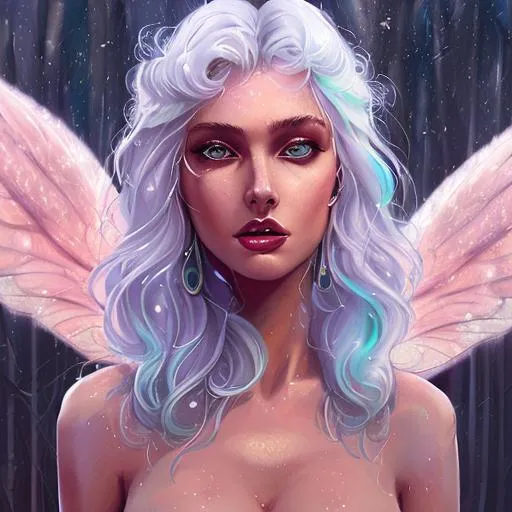 Prompt:  #Prisi# young woman with whitehair, a female, portrayed as fairy, face and upper body, wings, digital painting, corsett, blouse, Fantasy Realism, flowerpunk, dreamy, smooth, surrealism, artstyle of kaitlyn page, high quality, detailed
