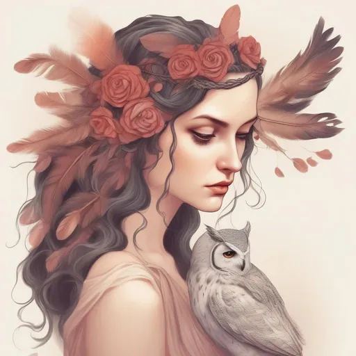 Prompt: Beautiful Persephone with owl feathers for hair in a painted style