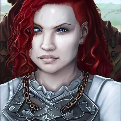 Prompt: A female dwarf cleric with red hair, sharp grey eyes, rough skin, and a scar. she is wearing chain mail. 