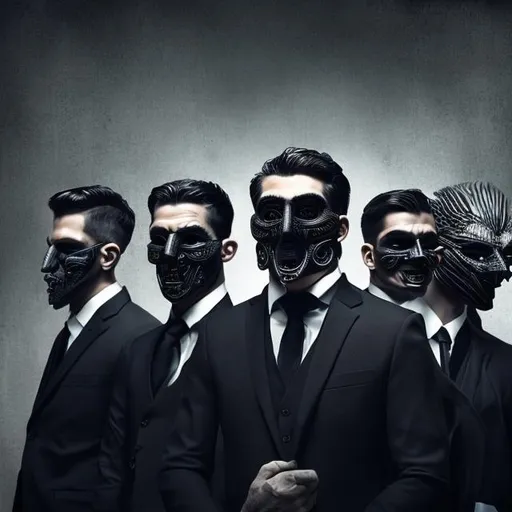 Prompt: "Create a highly detailed and realistic image of six men dressed in black suits, each wearing a mysterious mask, striking a pose as they gather for a group photo. Ensure that the image is in high definition with intricate details, capturing the enigmatic atmosphere surrounding them."