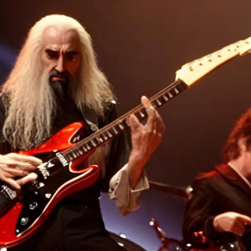 Prompt: saruman playing fender stratocaster in a rock band, ultra realistic, still from lord of the rings movie