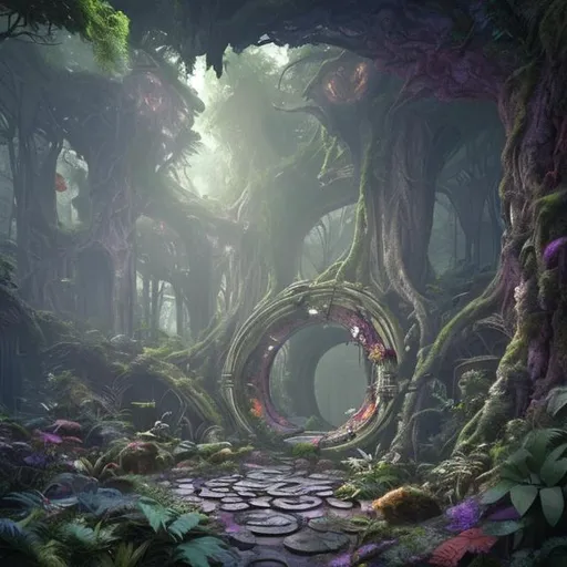 Prompt: dense forest with a center portal to another dimension, whimsical colors inside, great details, hyper realistic 