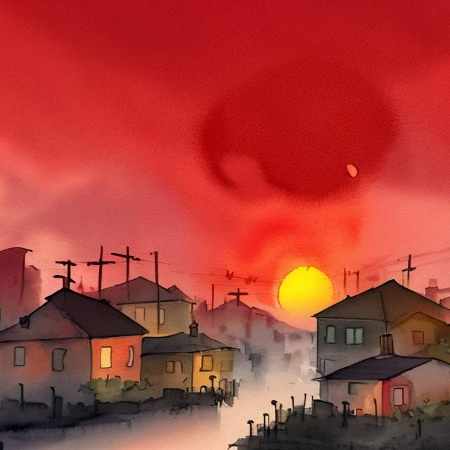 Blood red sunset over a sleepy village in watercolor | OpenArt