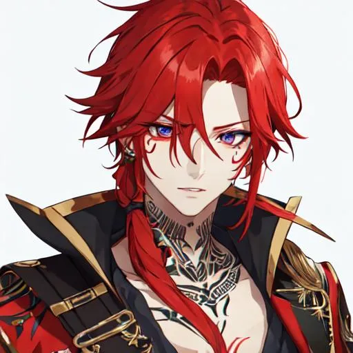 Prompt: Zerif 1male (Red hair covering his right eye) with tattoos

