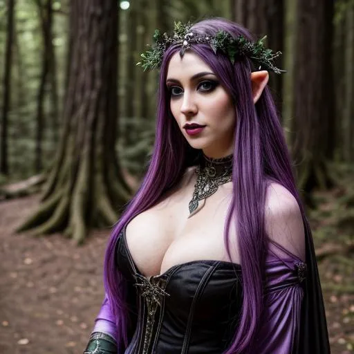 Prompt: female half-elf sorceress, goth makeup,  short purple hair, ultra high res, 8k, ultra fine details, forest background, bokeh, full length body, renaissance fair dress and attire