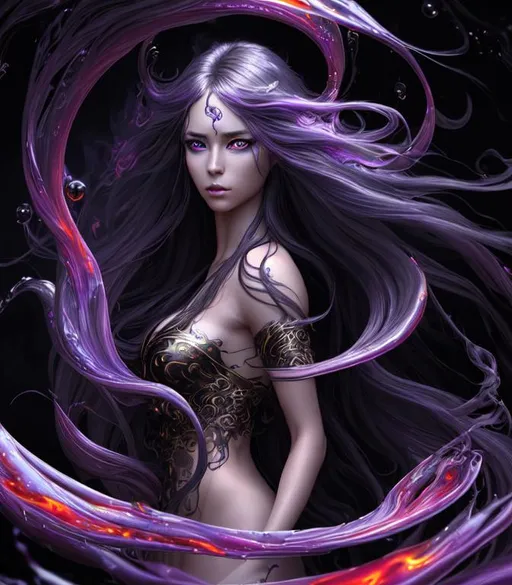 Prompt: Serene, Magical, Fantasy, Epic cinematic, Vivid, 3D HD Beautiful [{one}{Goddess}Female liquid smoke, Beautiful big reflective eyes, long flowing hair, beautiful hands]::2, expansive molten background, hot, freeform colorful chaos, hyper realistic, 8K --s98500