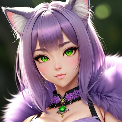 Prompt: Furry, Feline, detailed fur, light purple fur, detailed facial features, detailed lighting, masterpiece, detailed, realistic, blushing, perfect shading, beautiful quality, masterpiece, hi res, absurd res, detailed hands, short green hair, big tail, Full body, short pleated skirt, tied crop top, Japanese Classroom, claws, beautiful face, shining eyes