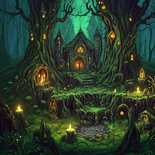Prompt: Design a wickedly enchanting witch's lair deep in a dark forest, complete with bubbling cauldrons and magical potions.