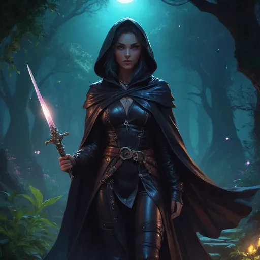 Prompt: (D&D female character thief), poised confidently, (holding a small dagger), wearing a tight leather outfit and a flowing dark cloak, (enchanting fantasy landscape) filled with vibrant greenery and mystical elements, glimmering moonlight illuminating her figure, creating a mysterious and adventurous ambiance, high detail, 4K, captivating colors and extraordinary depth.