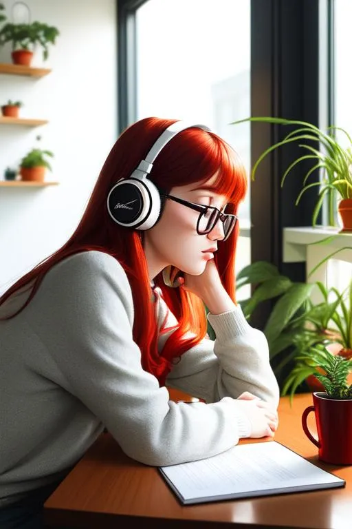 Prompt: a beautiful teen girl studying on a table, wearing headphone, red hair, side lighting, volumetric lights, plants on table, symmetrical face, freckles, coffe mug on table, aesthetic color palette, eye wear, lofi girl, side view