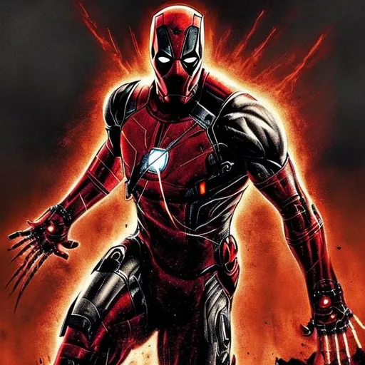 Prompt: iron-man and Deadpool combined into one. dark gritty, mostly black with dark red. Bloody. Hurt. Damaged mask. Accurate. realistic. evil eyes. Slow exposure. Detailed. Dirty. Dark and gritty. Post-apocalyptic. Shadows. Sinister. Armed. Fanatic. Intense. 