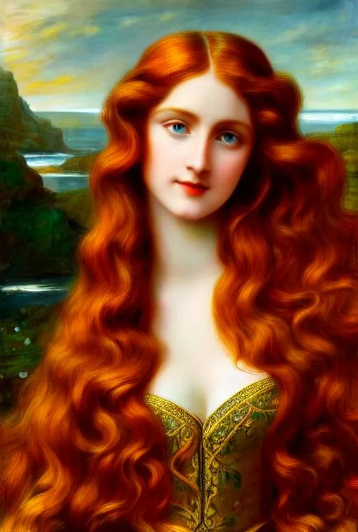 Prompt: Pre-Raphaelite fantasy woman, portrait, loose wavy long red hair, bright green eyes, smiling, siren, ethereal