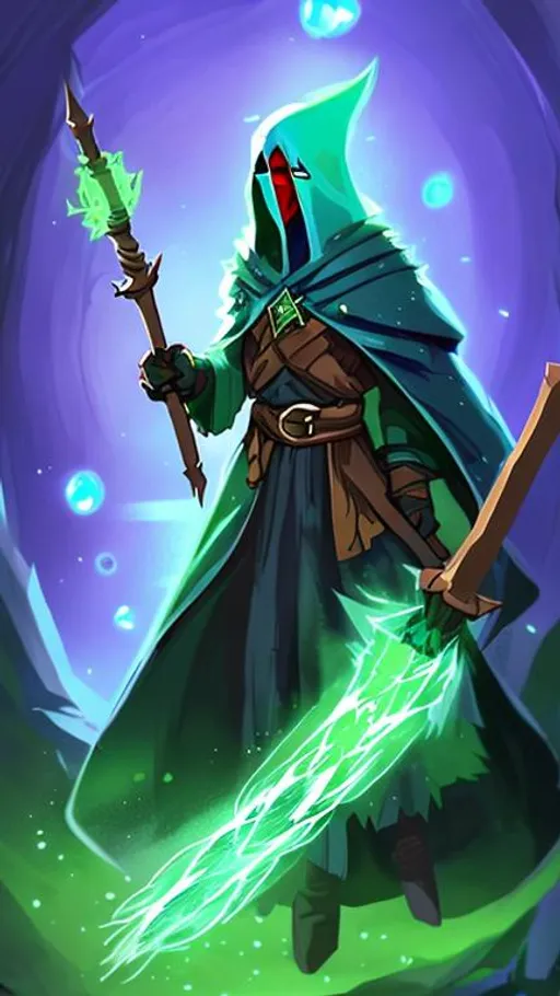 Prompt: dnd character, concept art. A kenku under a cloak. character whose class is druid holding a magic wooden staff. bright green particles floating around him. anime style

