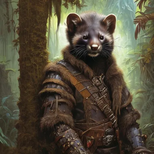 Prompt: Portrait painting, elderly marten-like humanoid warrior with dark brown fur and long white beard, leather armor, in the jungle, dull colors, danger, fantasy art, by Hiro Isono, by Luigi Spano, by John Stephens