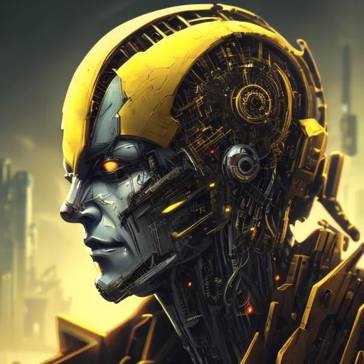 Prompt: robot, castlevania, digital art, cyberpunk, head, front face, yellow