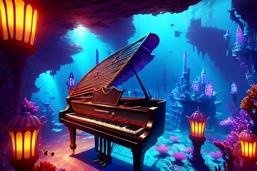 Prompt: Nostalgic Underwater City, A Piano with Tulip Keys, dynamic lighting, volumetric lighting, cool colors, deep color, filmic, hyperrealism, 4K, 64 megapixels, 8K resolution, 3D shading, beautiful, colorful, complex, fantasy, fantasycore, hyperdetailed, seascape, fantastical, firey, intricate, Surreal