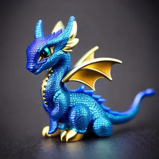 Prompt: ✨✨A magnificent pocket dragon surrounded by blue, black and gold diamonds. ✨✨Highly detailed, soft lighting, sharp focus, illustrations, character designs, concept art✨✨
