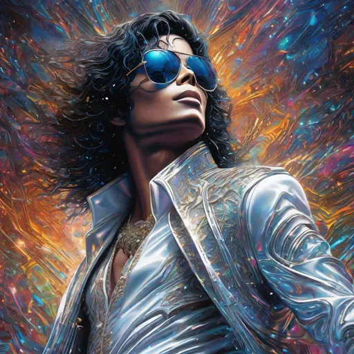 Prompt: Particle spectra hologlitch, close up,  Michael Jackson  , white suite   , Datamoshing , Vaporware, by GIGER, by Dan Mumford and Callie Fink,  liquid ink, dynamic pose, centered, 16k resolution , HQ , hyper detailed, intricate artwork, insanely detailed and intricate, hyper realistic, trending on cgsociet