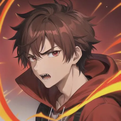 Prompt: short scruffy brown hair, teenage anime male, school male, red hoodie, dull red eyes, face close-up, red fiery aura around him, background glowing red with fire, 25 years old, serious expression, sharp teeth and canines, muscular neck and face, ultra high quality, movie cinematic graphic, 8k, 16k