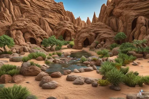 Prompt: a small oasis with a river in a big desert, 8K, high resolution, highly detailed, intricate detail, sharp focus, photorealistic. 