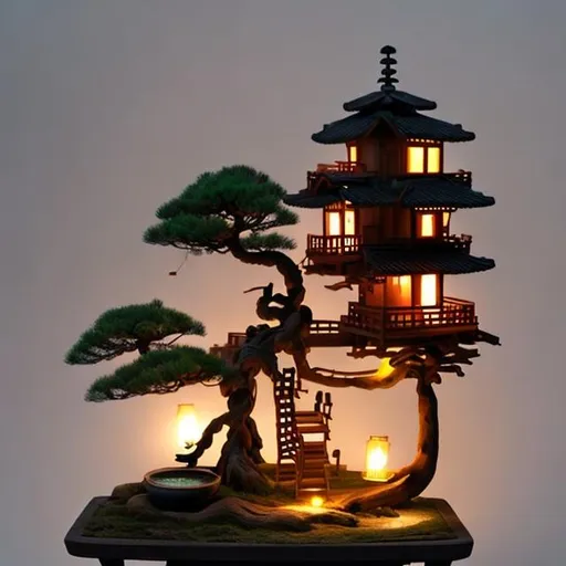 Prompt:  invisible Bonsai with a wooden tree house and lanterns at night
