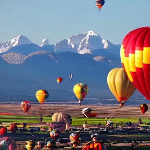 Prompt: the international balloon fiesta with a jaw dropping mountain background 
