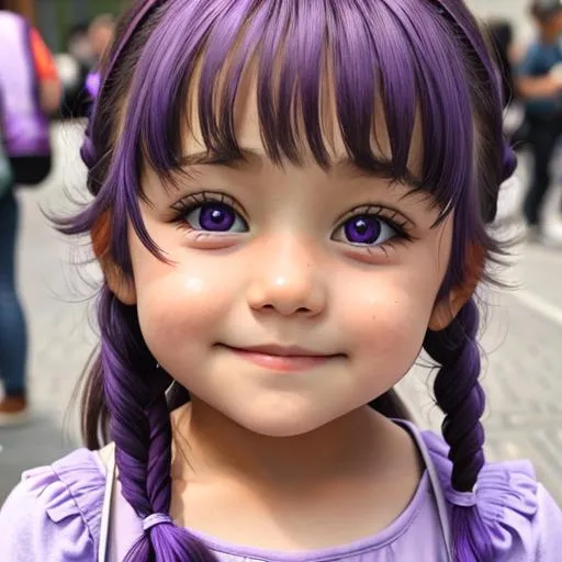 Prompt: little girl wearing purple, facial closeup