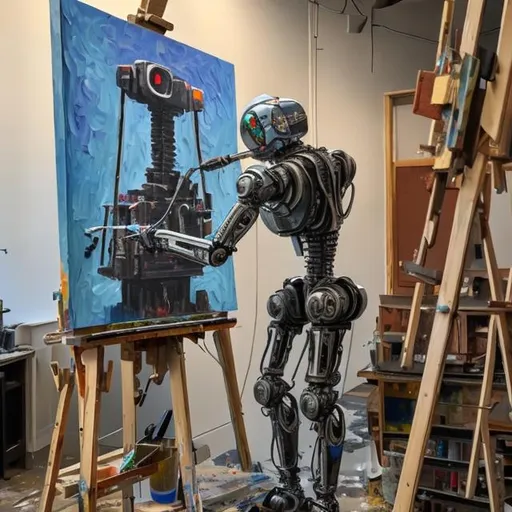 Prompt: A robot painting on an easel in an art studio