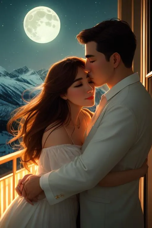 Prompt: Analog style portrait+ style; artistic pose in motion, woman and man couple on balcony, hugging, kissing. Up-close focus, Highly detailed face, hyperrealistic, UHD, HD, 8k. Dark ambient, moonlight, night sky, cosmos, dark snowy mountains, dim lighting. Adult woman has straight nose, bushy eyebrows, long brown hair with a fringe. Adult man has dark skin short black hair with a fringe and masculine facial features with beard stubble. Eyeliner. Soft fabrics. Flowers. bat wings.