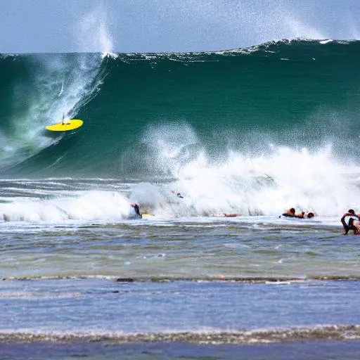 Prompt: beach with huge wave surfer girl