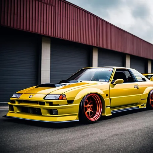 Prompt: 4k resolution, HDR pictures, masterpiece, high resolution, highly detailed pictures, high quality pictures, a yellow drift nissan s13, modified, bodykit, slammed body, camber wheel, from side, drive thru way, city