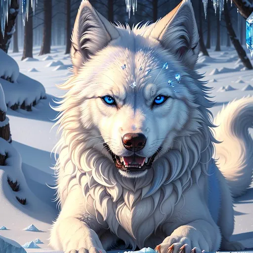Prompt: (masterpiece, professional oil painting, epic digital art, best quality, highly detailed, UHD:1.5), insanely beautiful white ((wolf)), (canine quadruped), female, adolescent, ice elemental, deep blue fur covered in frost, bashful hypnotic sapphire blue eyes, 8k eyes, growling, sprawled on frosted field, extremely beautiful, gorgeous silver mane covered in frost, (plump:2), by Anne Stokes, by Yuino Chiri, detailed detailed scowling face, finely detailed fur, hyper detailed fur, (soft silky insanely detailed fur), moonlight beaming through clouds, grassy field covered in frost, fluffy fox ears, cool colors, beaming sun, professional, symmetric, golden ratio, unreal engine, depth, volumetric lighting, rich oil medium, (brilliant auroras), (ice storm), full body focus, beautifully detailed background, cinematic, 64K, UHD, intricate detail, high quality, high detail, masterpiece, intricate facial detail, high quality, detailed face, intricate quality, intricate eye detail, highly detailed, high resolution scan, intricate detailed, highly detailed face, very detailed, high resolution