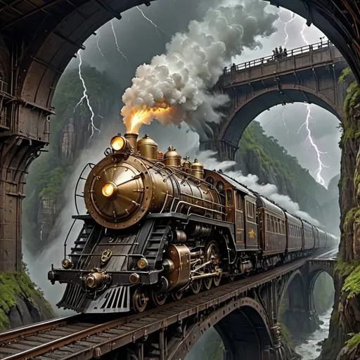 Prompt: Futuristic steampunk locomotive train, (etched brass details), traversing a grand bridge over a rugged gorge, under a dramatic thunderstorm, just leaving a tunnel, (dark, ominous clouds), flashes of lightning illuminating the scene, heavy rain pouring, intricate gears, dragon flying overhead, (highly detailed) atmosphere filled with tension, (dynamic and cinematic lighting), beautifully stylized background, ultra-detailed, 4K resolution.