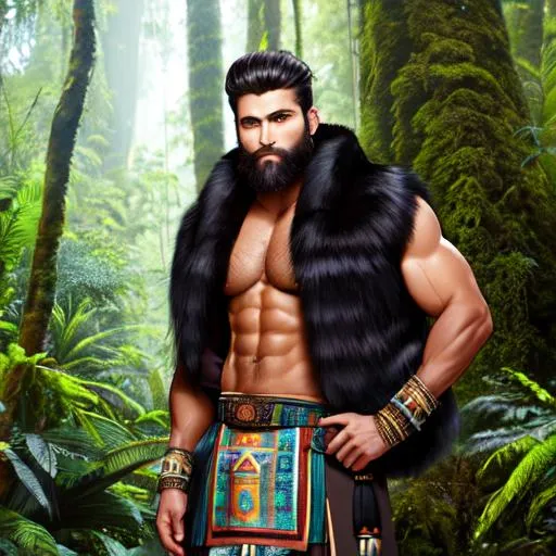 Prompt: A tall and muscular tan man wearing ancient tribal fur clothing. short black hair, long bushy beard, blue eyes. in a rainforest