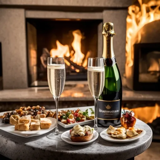 Prompt: Champagne bottle and glasses and gourmet appetizers in front of fireplace luxurious setting. It’s for champagne bistro bar in ski resort marketing brochures images