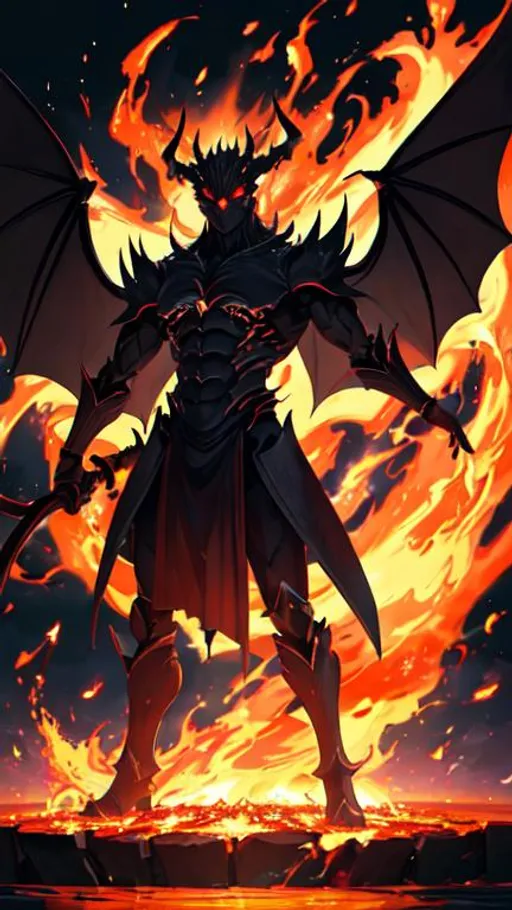 Prompt: Epic demon standing there menacingly. Covered in flames looking down on us centered on the page