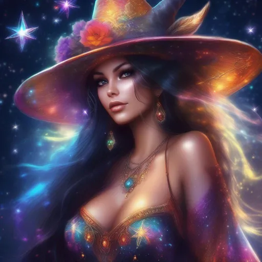 Prompt: A complete body form of a stunningly beautiful, hyper realistic, buxom woman with incredible bright, wearing a colorful, sparkling, dangling, glowing, skimpy, boho, goth,  flowing, sheer, fairy, witch's outfit on a breathtaking night with stars and colors with glowing, detailed sprites flying about