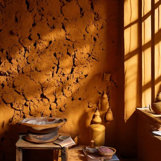 Prompt: Amber light nourishes Anugama walls caked in paper and clay.
The potter's skin lit by ember: 
raw umber, honey gold.