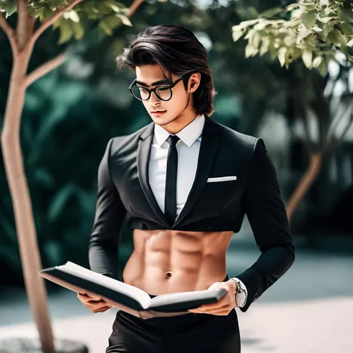 Prompt: an attractive long-haired 20-years old man with a six pack abs and eyeglasses wearing a crop top black suit and tie with black suit pants and a bare navel, he is reading while walking outside